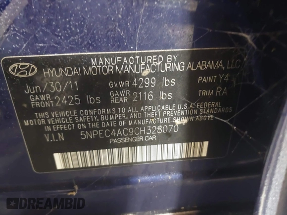 2012 Hyundai Sonata Limited with VIN 5NPEC4AC9CH328070, listed as a IAAI auction lot 41573219 with 150,726 mi miles and . Bid and sale history available at DreamBid. Image 9.