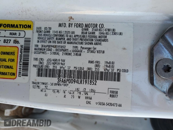 2020 Ford Fusion Titanium with VIN 3FA6P0D94LR191852, listed as a Copart auction lot 56948825 with 116,138 mi miles and Salvage title. Bid and sale history available at DreamBid. Image 12.