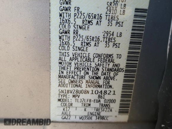 2008 Nissan Quest with VIN 5N1BV28U08N104821, listed as a Copart auction lot 76775434 with 0 mi miles and Non Repairable. Bid and sale history available at carsss.com. Image 13.