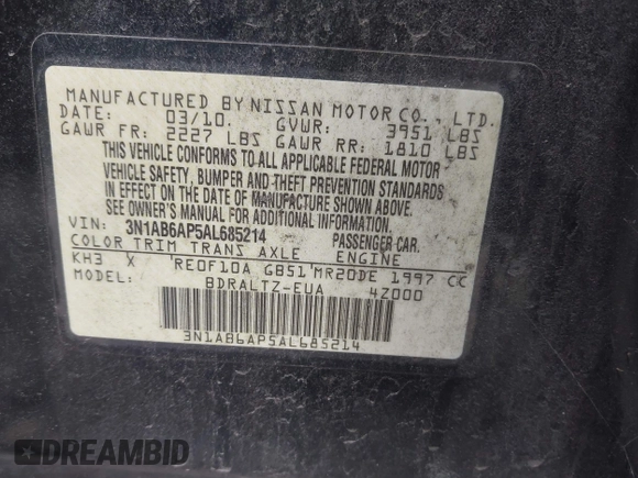2010 Nissan Sentra SR with VIN 3N1AB6AP5AL685214, listed as a IAAI auction lot 41718385 with 239,364 mi miles and . Bid and sale history available at DreamBid. Image 9.