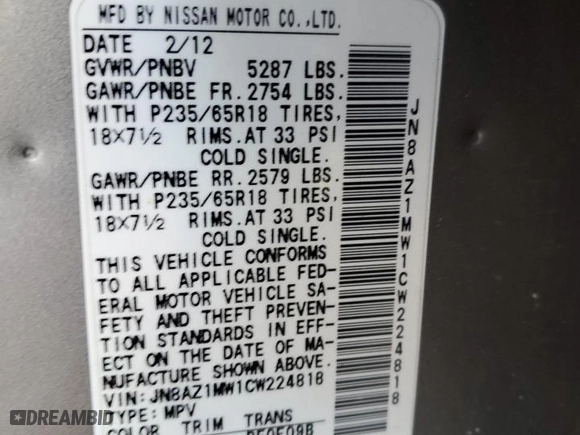 2012 Nissan Murano S with VIN JN8AZ1MW1CW224818, listed as a Copart auction lot 41588915 with 147,724 mi miles and Clean Title. Bid and sale history available at carsss.com. Image 13.