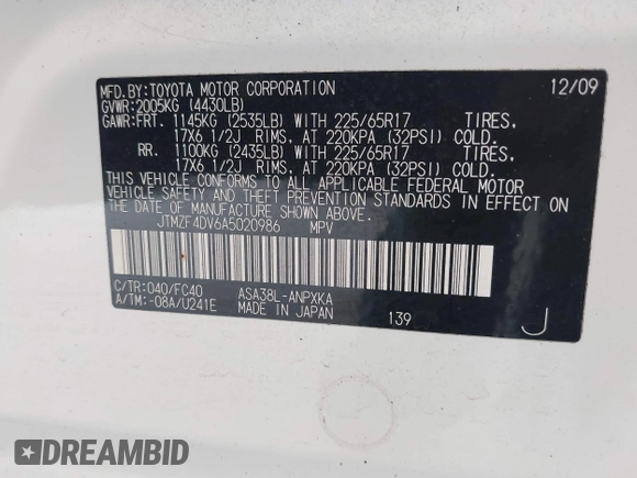 2010 Toyota RAV4 with VIN JTMZF4DV6A5020986, listed as a IAAI auction lot 42739485 with 209,580 mi miles and . Bid and sale history available at DreamBid. Image 9.