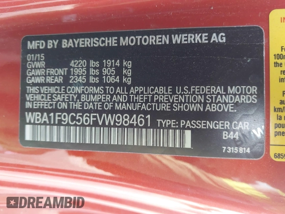 2015 BMW 2 Series 228i with VIN WBA1F9C56FVW98461, listed as a IAAI auction lot 41663193 with 94,584 mi miles. Bid and sale history available at carsss.com. Image 9.