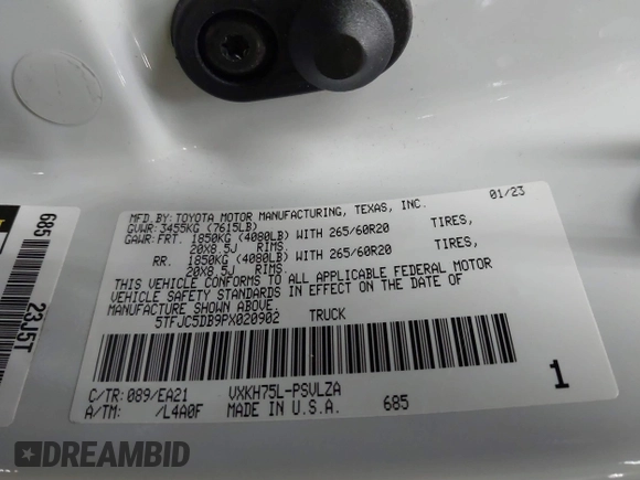 2023 Toyota Tundra Limited Hybrid with VIN 5TFJC5DB9PX020902, listed as a IAAI auction lot 41741897 with 44,921 mi miles and . Bid and sale history available at DreamBid. Image 9.