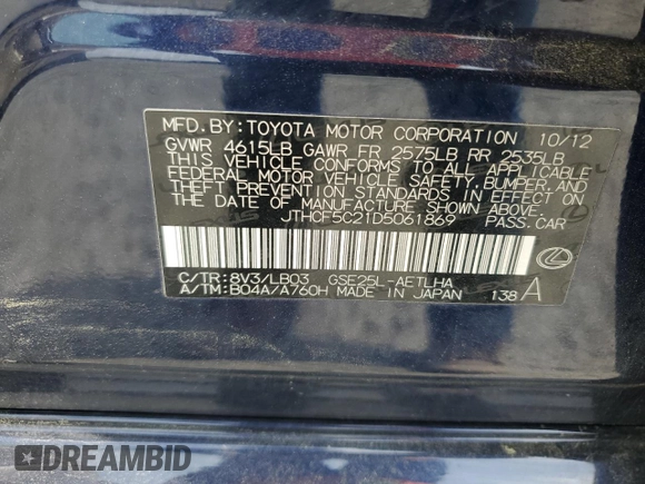 2013 Lexus IS 250 with VIN JTHCF5C21D5061869, listed as a Copart auction lot 52397995 with 188,554 mi miles and Salvage Title. Bid and sale history available at DreamBid. Image 12.