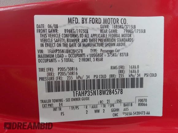 2008 Ford Focus SE with VIN 1FAHP35N18W284578, listed as a IAAI auction lot 42583793 with 179,208 mi miles and . Bid and sale history available at DreamBid. Image 9.