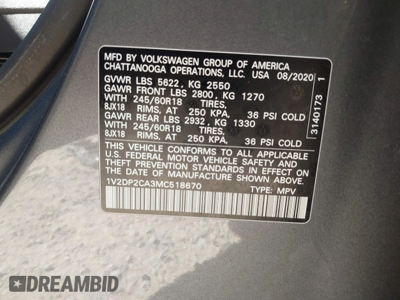 2021 Volkswagen Atlas SE z VIN 1V2DP2CA3MC518670, wystawiony jako IAAI lot #41860811 z przebiegiem 69 270 mil mil oraz . Historia ofert i sprzedaży dostępna na DreamBid. Obrazek 9.
