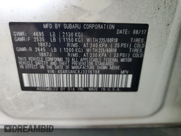 2018 Subaru Outback Limited с VIN 4S4BSANC8J3216198, выставлен на аукционе Copart как лот 59873965 с пробегом 84 642 миль миль и Списание • Salvage title. История ставок и продаж доступна на DreamBid. Изображение 13.