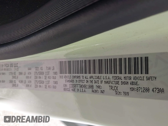 2019 Ram 1500 Big Horn with VIN 1C6SRFFT0KN911008, listed as a IAAI auction lot 42092247 with 72,222 mi miles and . Bid and sale history available at DreamBid. Image 9.