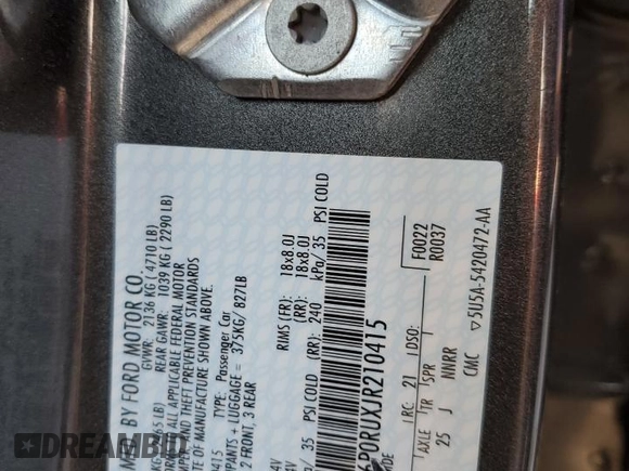 2018 Ford Fusion Hybrid Titanium with VIN 3FA6P0RUXJR210415, listed as a Copart auction lot 41466883 with 43,451 mi miles. Bid and sale history available at carsss.com. Image 12.