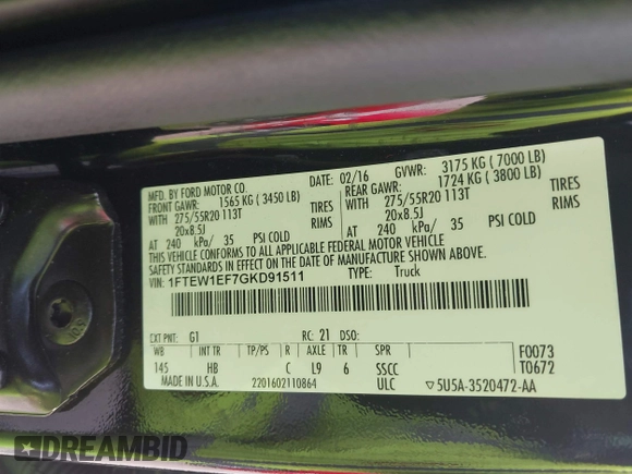 2016 Ford F-150 XLT with VIN 1FTEW1EF7GKD91511, listed as a IAAI auction lot 42411024 with 148,360 mi miles and . Bid and sale history available at DreamBid. Image 9.