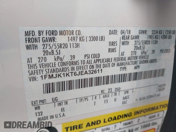 2018 Ford Expedition Max Limited with VIN 1FMJK1KT6JEA32611, listed as a IAAI auction lot 42430949 with 116,294 mi miles and . Bid and sale history available at DreamBid. Image 9.