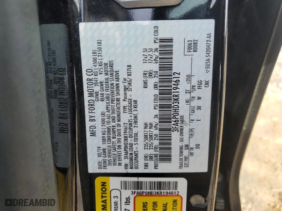 2019 Ford Fusion SE with VIN 3FA6P0HD3KR194612, listed as a Copart auction lot 84724374 with 74,419 mi miles and Salvage Title. Bid and sale history available at carsss.com. Image 13.