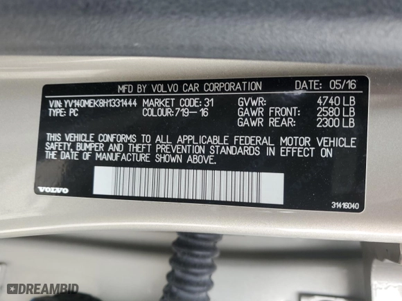 2017 Volvo V60 Premier with VIN YV140MEK8H1331444, listed as a Copart auction lot 52517775 with 89,678 mi miles and Clean Title. Bid and sale history available at carsss.com. Image 12.