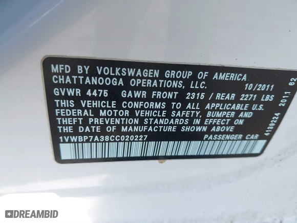 2012 Volkswagen Passat SE with VIN 1VWBP7A38CC020227, listed as a IAAI auction lot 41644536 with 227,205 mi miles. Bid and sale history available at carsss.com. Image 9.