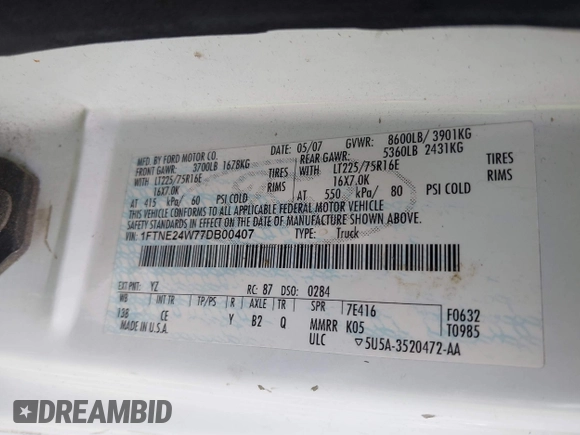 2007 Ford Econoline Cargo Commercial with VIN 1FTNE24W77DB00407, listed as a IAAI auction lot 42330484 with 128,369 mi miles and . Bid and sale history available at DreamBid. Image 9.