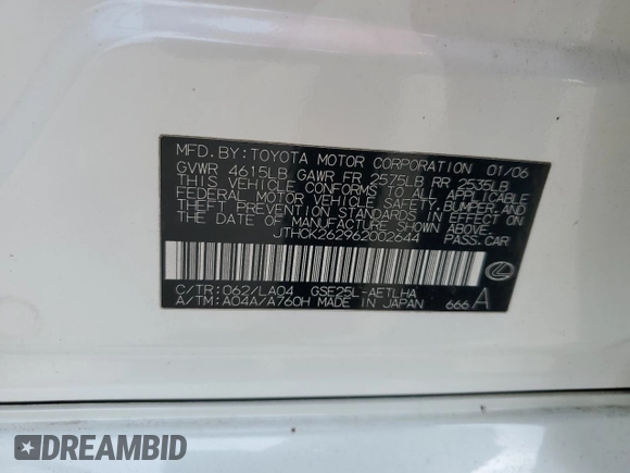 2006 Lexus IS 250 z VIN JTHCK262962002644, wystawiony jako Copart lot #54431915 z przebiegiem 156 973 mil mil oraz Szkoda całkowita • Salvage title. Historia ofert i sprzedaży dostępna na DreamBid. Obrazek 12.