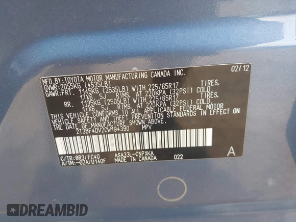 2012 Toyota RAV4 с VIN 2T3BF4DV2CW194390, выставлен на аукционе IAAI как лот 42751631 с пробегом 116 402 миль миль и . История ставок и продаж доступна на DreamBid. Изображение 9.