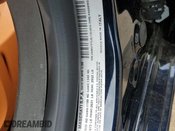 2020 Maserati Ghibli S Q4 GranLusso с VIN ZAM57YTL0L1351815, выставлен на аукционе Copart как лот 58732865 с пробегом 12 233 миль миль и Списание • Salvage title. История ставок и продаж доступна на DreamBid. Изображение 12.