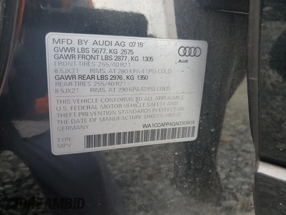 2016 Audi SQ5 Premium Plus with VIN WA1CCAFP4GA030809, listed as a Copart auction lot 77433714 with 134,946 mi miles and Salvage Title. Bid and sale history available at carsss.com. Image 15.
