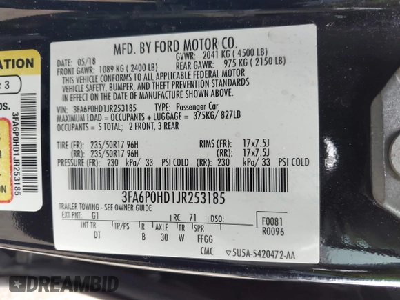 2018 Ford Fusion SE with VIN 3FA6P0HD1JR253185, listed as a IAAI auction lot 41901789 with 67,460 mi miles. Bid and sale history available at carsss.com. Image 9.