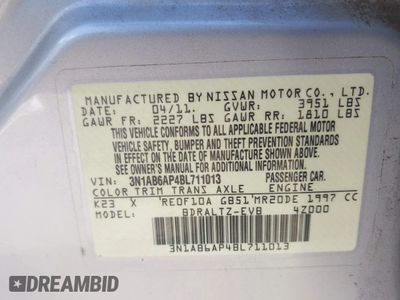 2011 Nissan Sentra SR with VIN 3N1AB6AP4BL711013, listed as a IAAI auction lot 42055534 with 161,966 mi miles and . Bid and sale history available at DreamBid. Image 9.