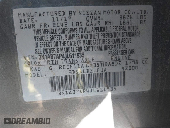 2018 Nissan Sentra SV with VIN 3N1AB7AP4JL611935, listed as a IAAI auction lot 41454540 with 61,923 mi miles. Bid and sale history available at carsss.com. Image 9.