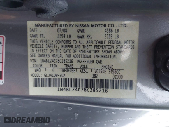 2008 Nissan Altima 3.5 SE with VIN 1N4BL24E78C285216, listed as a IAAI auction lot 41882579 with 216,726 mi miles. Bid and sale history available at carsss.com. Image 9.