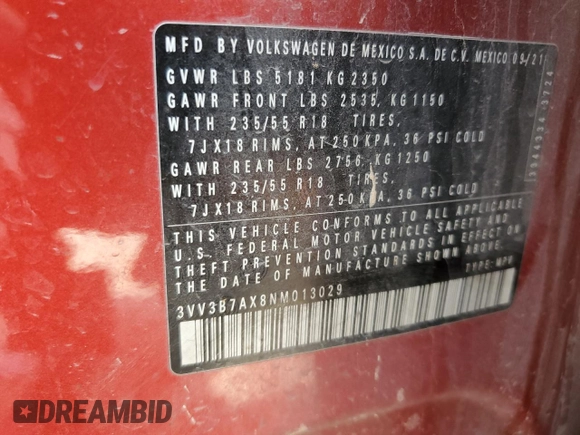 2022 Volkswagen Tiguan SE z VIN 3VV3B7AX8NM013029, wystawiony jako Copart lot #50613465 z przebiegiem 47 819 mil mil oraz Szkoda całkowita • Salvage title. Historia ofert i sprzedaży dostępna na DreamBid. Obrazek 13.