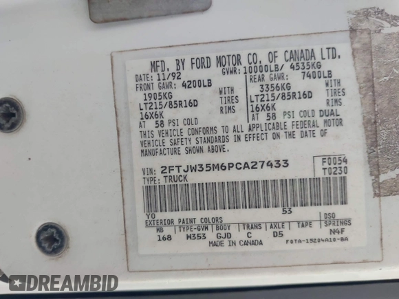 1993 Ford F-350 z VIN 2FTJW35M6PCA27433, wystawiony jako IAAI lot #42025246 z przebiegiem Nie podano mil oraz . Historia ofert i sprzedaży dostępna na DreamBid. Obrazek 9.