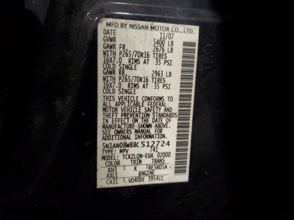 2008 Nissan Xterra S with VIN 5N1AN08W88C512724, listed as a Copart auction lot 42337675 with 138,051 mi miles and Salvage Title. Bid and sale history available at carsss.com. Image 14.