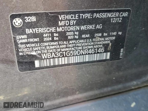 2013 BMW 3 Series 328i with VIN WBA3C1G59DNR46146, listed as a Copart auction lot 55894755 with 72,605 mi miles and Clean Title. Bid and sale history available at DreamBid. Image 12.