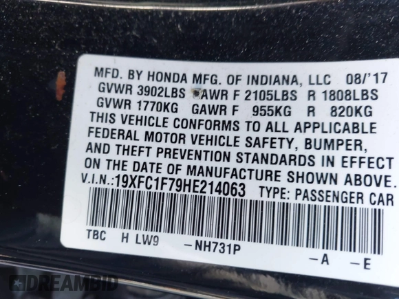 2017 Honda Civic Sedan EX-L with VIN 19XFC1F79HE214063, listed as a IAAI auction lot 41823628 with 45,314 mi miles. Bid and sale history available at carsss.com. Image 9.