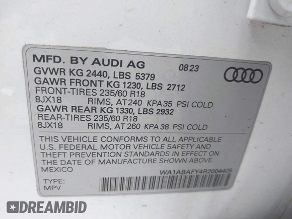 2024 Audi Q5 Premium with VIN WA1ABAFY4R2004405, listed as a IAAI auction lot 42011983 with 22,376 mi miles. Bid and sale history available at carsss.com. Image 9.