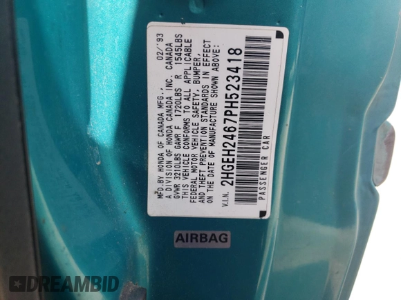 1993 Honda Civic z VIN 2HGEH2467PH523418, wystawiony jako Copart lot #51348645 z przebiegiem 269 848 mil mil oraz Szkoda całkowita • Salvage title. Historia ofert i sprzedaży dostępna na DreamBid. Obrazek 12.