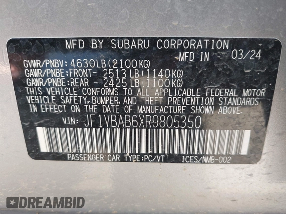 2024 Subaru WRX z VIN JF1VBAB6XR9805350, wystawiony jako IAAI lot #42202287 z przebiegiem 15 415 mil mil oraz . Historia ofert i sprzedaży dostępna na DreamBid. Obrazek 9.