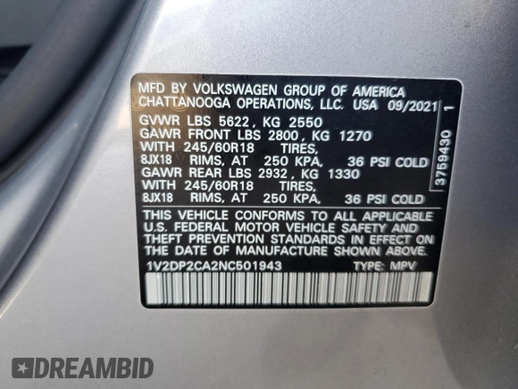 2022 Volkswagen Atlas SE with VIN 1V2DP2CA2NC501943, listed as a Copart auction lot 51181225 with 70,604 mi miles and Clean title. Bid and sale history available at DreamBid. Image 13.