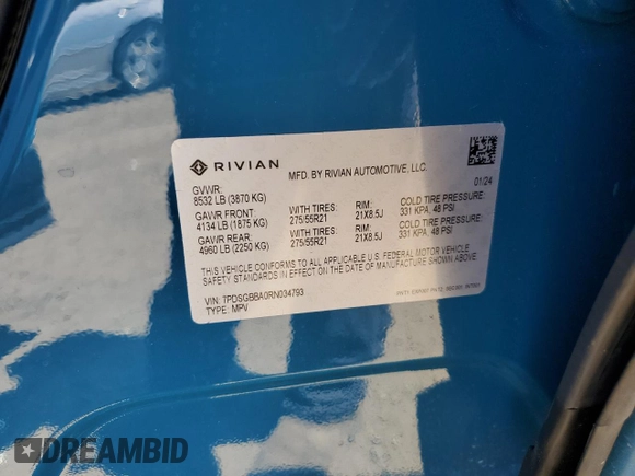 2024 Rivian R1S Adventure z VIN 7PDSGBBA0RN034793, wystawiony jako Copart lot #55091885 z przebiegiem 20 154 mil mil oraz Szkody całkowita. Historia ofert i sprzedaży dostępna na DreamBid. Obrazek 13.