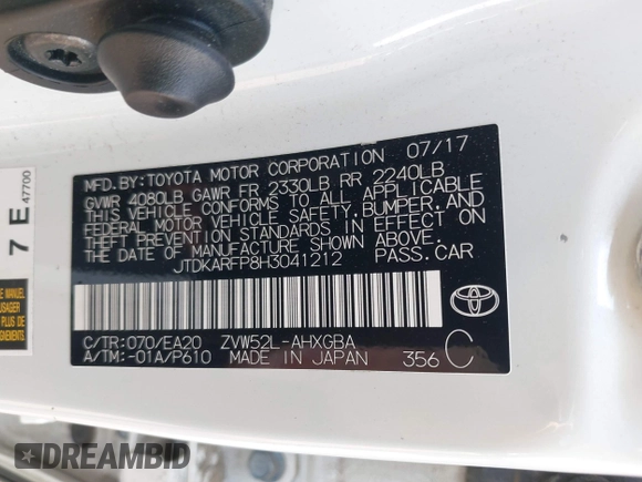 2017 Toyota Prius Plus with VIN JTDKARFP8H3041212, listed as a IAAI auction lot 42310483 with 77,217 mi miles and . Bid and sale history available at DreamBid. Image 9.