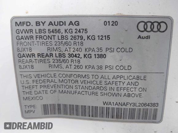 2020 Audi Q5 Premium with VIN WA1ANAFY3L2064383, listed as a IAAI auction lot 42100480 with 51,123 mi miles and . Bid and sale history available at DreamBid. Image 9.