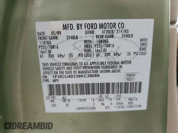 2009 Ford Escape Hybrid с VIN 1FMCU49339KC39089, выставлен на аукционе Copart как лот 56947025 с пробегом 145 098 миль миль и На запчасти • Non repairable. История ставок и продаж доступна на DreamBid. Изображение 14.