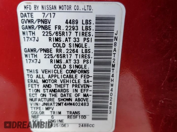 2017 Nissan Rogue SV with VIN JN8AT2MT4HW402483, listed as a Copart auction lot 45472695 with 124,600 mi miles and Salvage title. Bid and sale history available at DreamBid. Image 13.