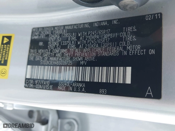 2011 Toyota Highlander with VIN 5TDZK3EH4BS039725, listed as a IAAI auction lot 41434516 with 220,992 mi miles. Bid and sale history available at carsss.com. Image 9.