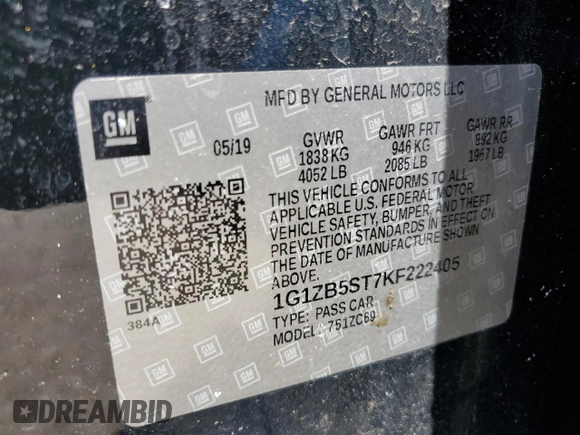 2019 Chevrolet Malibu LS z VIN 1G1ZB5ST7KF222405, wystawiony jako Copart lot #56869625 z przebiegiem 90 608 mil mil oraz Szkoda całkowita • Salvage title. Historia ofert i sprzedaży dostępna na DreamBid. Obrazek 13.