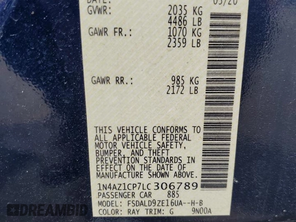 2020 Nissan LEAF SV with VIN 1N4AZ1CP7LC306789, listed as a Copart auction lot 57294585 with 55,326 mi miles and Salvage title. Bid and sale history available at DreamBid. Image 13.