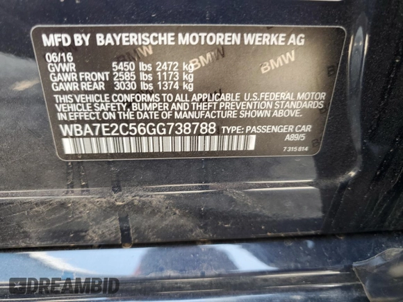 2016 BMW 7 Series 740i with VIN WBA7E2C56GG738788, listed as a Copart auction lot 60654015 with 96,059 mi miles and Clean title. Bid and sale history available at DreamBid. Image 12.