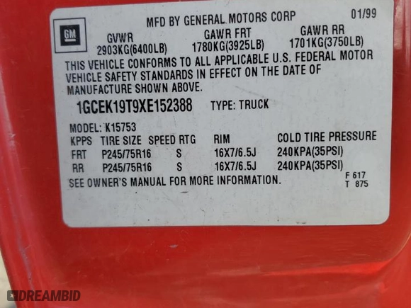 1999 Chevrolet Silverado 1500 LT with VIN 1GCEK19T9XE152388, listed as a Copart auction lot 44452325 with 242,073 mi miles and Salvage Title. Bid and sale history available at carsss.com. Image 12.