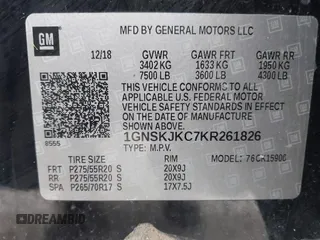 2019 Chevrolet Suburban Premier with VIN 1GNSKJKC7KR261826, listed as a IAAI auction lot 41652451 with 127,032 mi miles and . Bid and sale history available at DreamBid. Image 9.