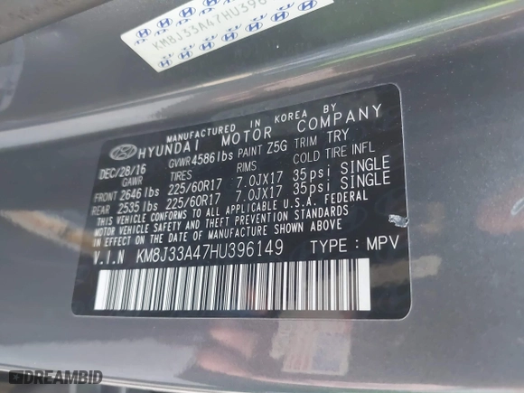 2017 Hyundai Tucson SE Plus with VIN KM8J33A47HU396149, listed as a IAAI auction lot 41391186 with 58,192 mi miles. Bid and sale history available at carsss.com. Image 9.