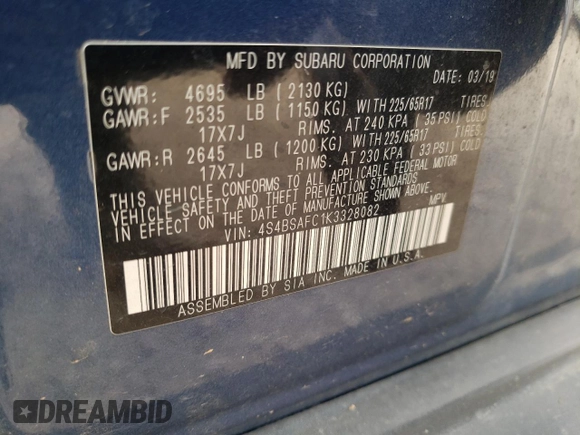2019 Subaru Outback Premium with VIN 4S4BSAFC1K3328082, listed as a Copart auction lot 50926195 with 96,072 mi miles and Salvage Title. Bid and sale history available at DreamBid. Image 15.